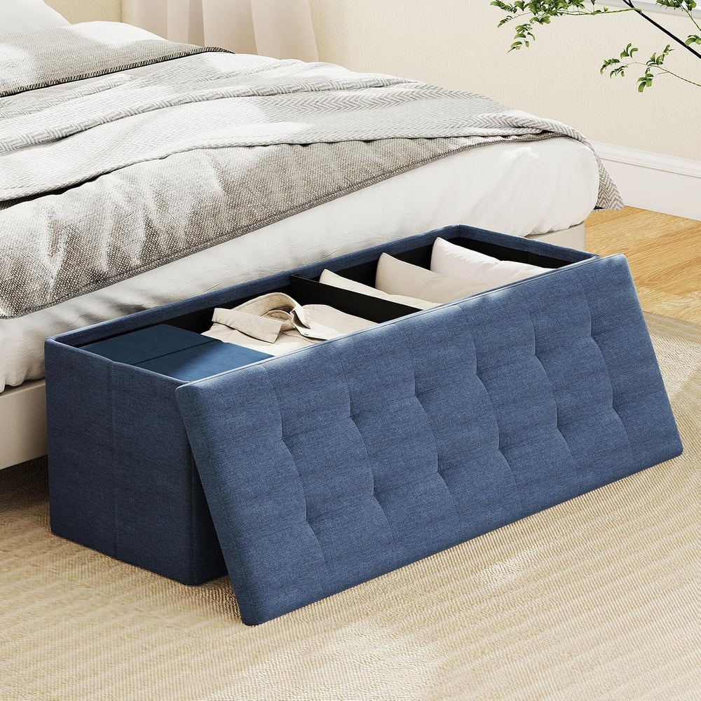 GOFLAME 43 Inches Folding Storage Ottoman Bench, Linen Fabric End of Bed Benc...