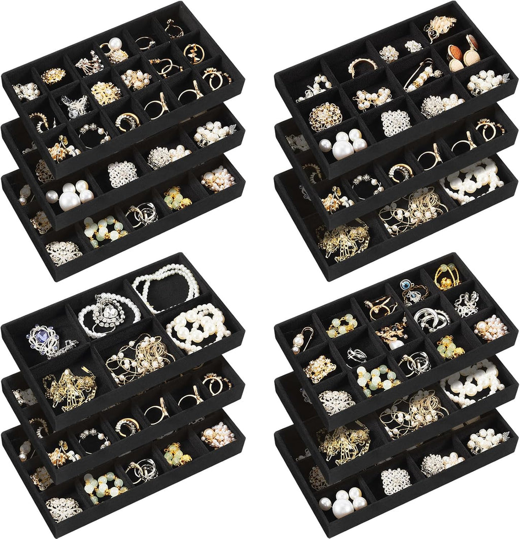 Junkin 12 Pcs Jewelry Tray Velvet Stackable Jewelry Organizer Trays Divided Earring Accessories Storage Containers Box (Rose Red)