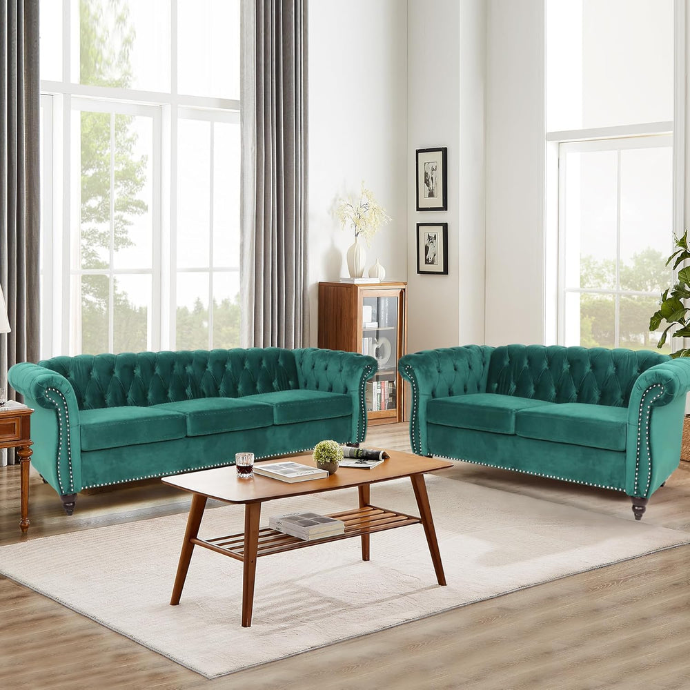 Velvet Sofa Couches Set, 3-Piece Mid Century Modern Upholstered Couch with Cu...