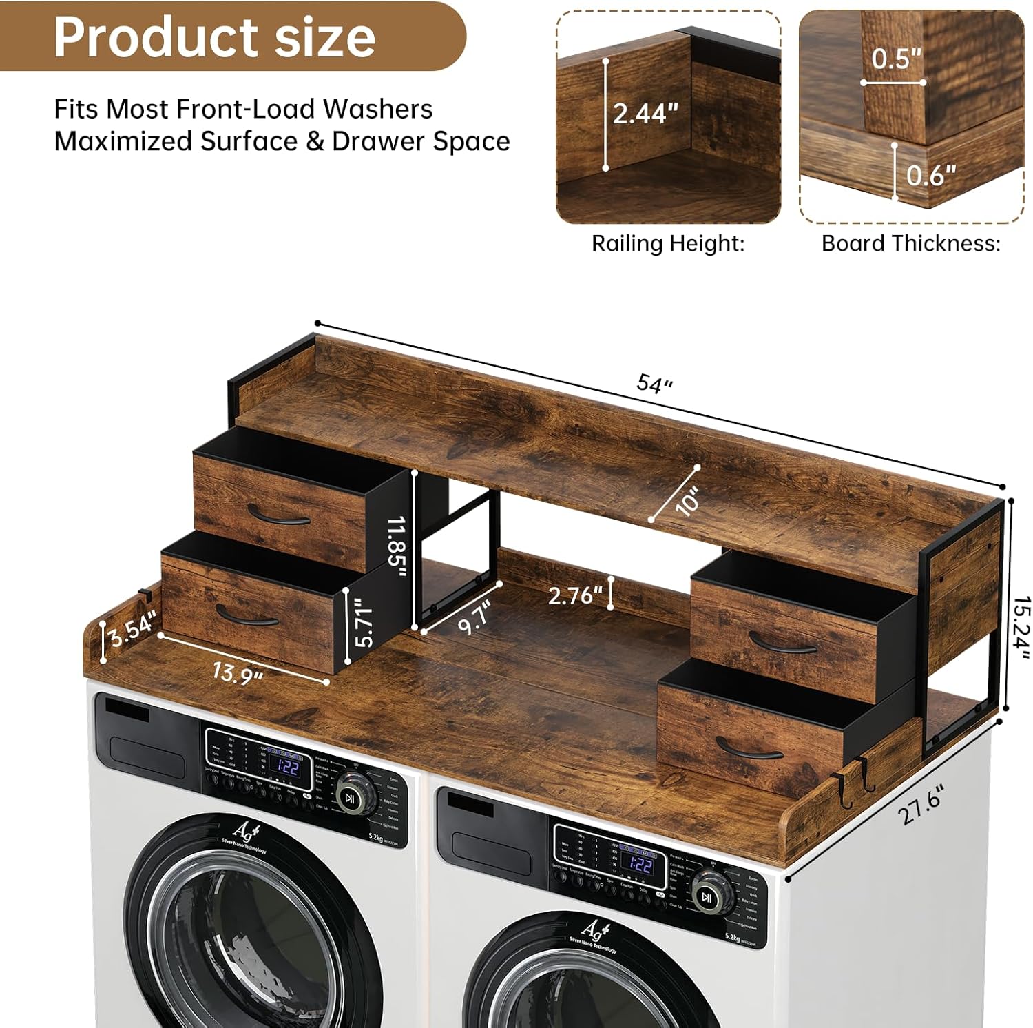 4 Drawers Washer Dryer Countertop with Shelf, 27.5" D x 54" W Laundry Topper with 3.54" High Guardrails and Non-Slip Pads,Extra Storage Organizer for Over Washer and Dryer, Holds 66 Lbs,Vintage Brown