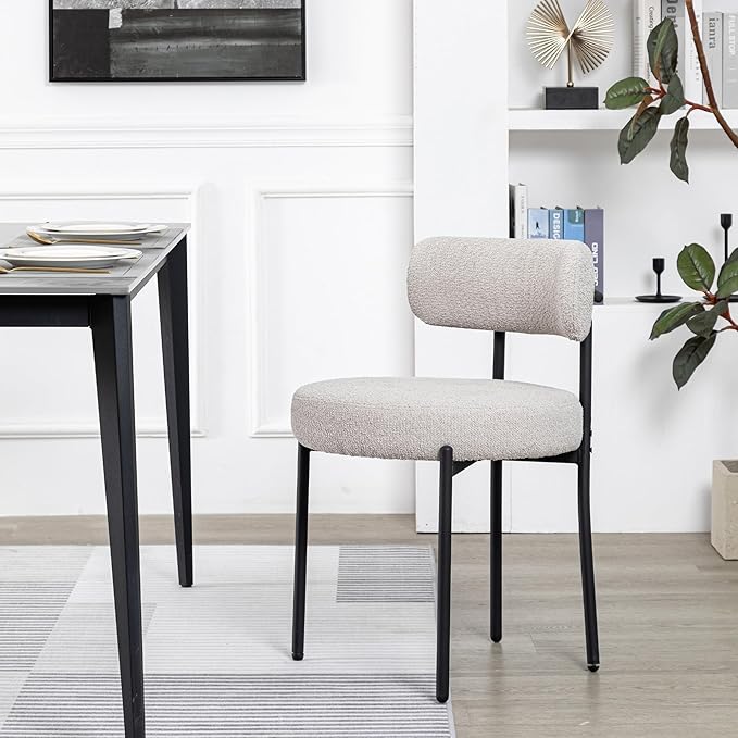 DYHOME Dining Chair One Chair for Kitchen Dining Room,Upholstered Modern Boucle Dining Chair with Black Metal Legs Curved Backrest,Grey