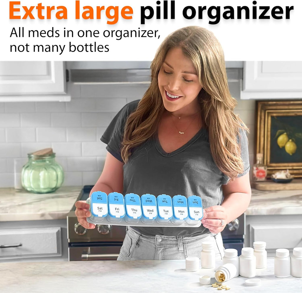Extra Large Weekly Pill Organizer - XL Daily Pill Box - 7 Day Am Pm Pill Case Jumbo Pill Container for Supplements Big Pill Holder Twice A Day Oversized (Blue/White)