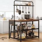 Jocoevol Kitchen Island with Storage, Bakers Rack with Storage & 3-Tier Shelves, Microwave Stand Coffee Bar Table with Hooks, Industrial Kitchen Island Table for Dining Living Room,Vintage