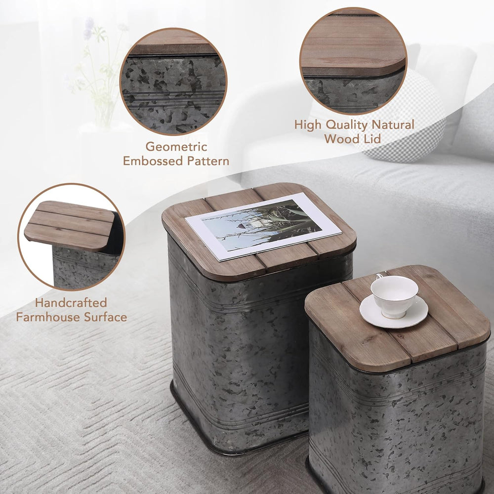 RUSTOWN Farmhouse Accent Side Table, Set of 2 Galvanized Storage Ottoman | An...