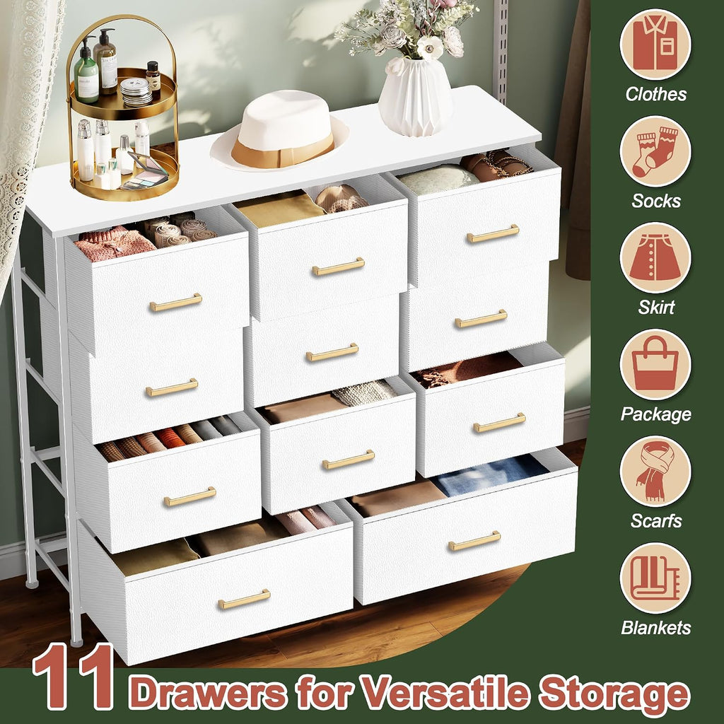 VASICAR 11-Drawer Compact Dresser for Bedroom, Fabric Clothes Storage Organizer, White Chest of Drawers with Wood Top for Closet, Nursery, Living Room