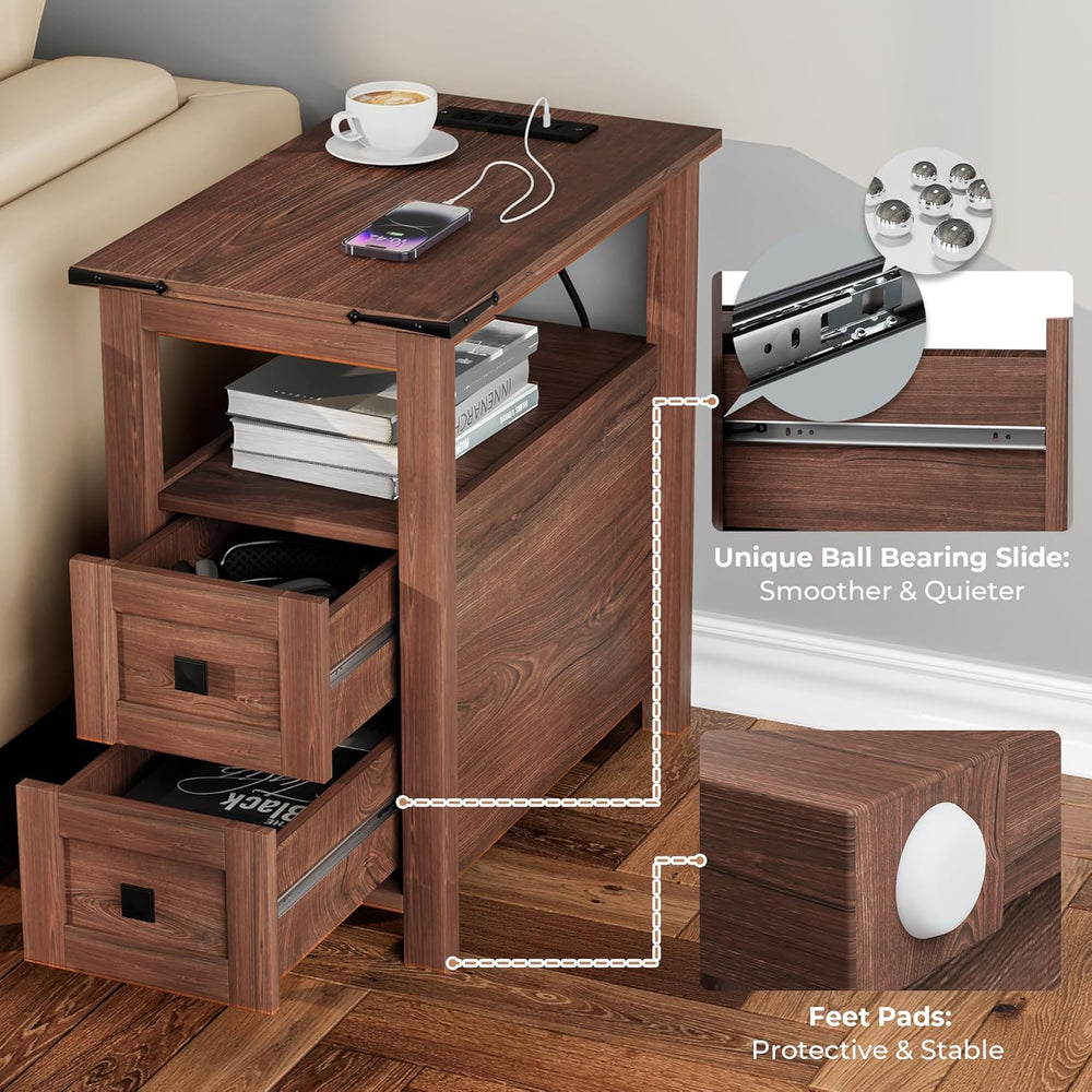VVFLU Farmhouse End Table with Charging Station and 2 Storage Drawers, Cherry...