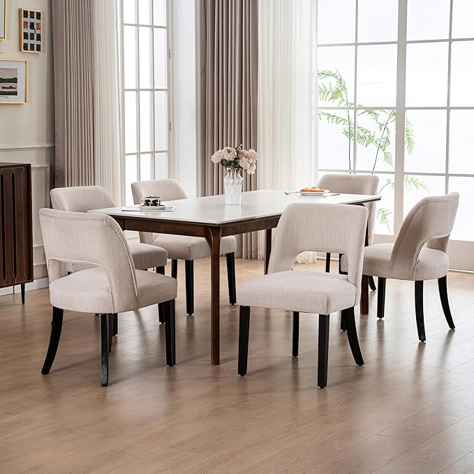 VKNOW Wooden Dining Chairs Set of 2, Modern Fabric Upholstered Dining Room Chair Kitchen Chairs, Farmhouse Dinner Chair for Kitchen Dining Room, Beige-Black Legs