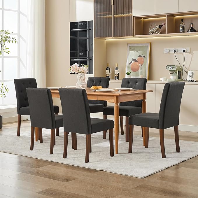 Upholstered Dining Chairs Set of 4, Modern Fabric Kitchen Side Chairs with Sturdy Wood Legs, Parsons Design, Comfortable Soft Linen for Dining Room, Restaurant, Cafe, Black