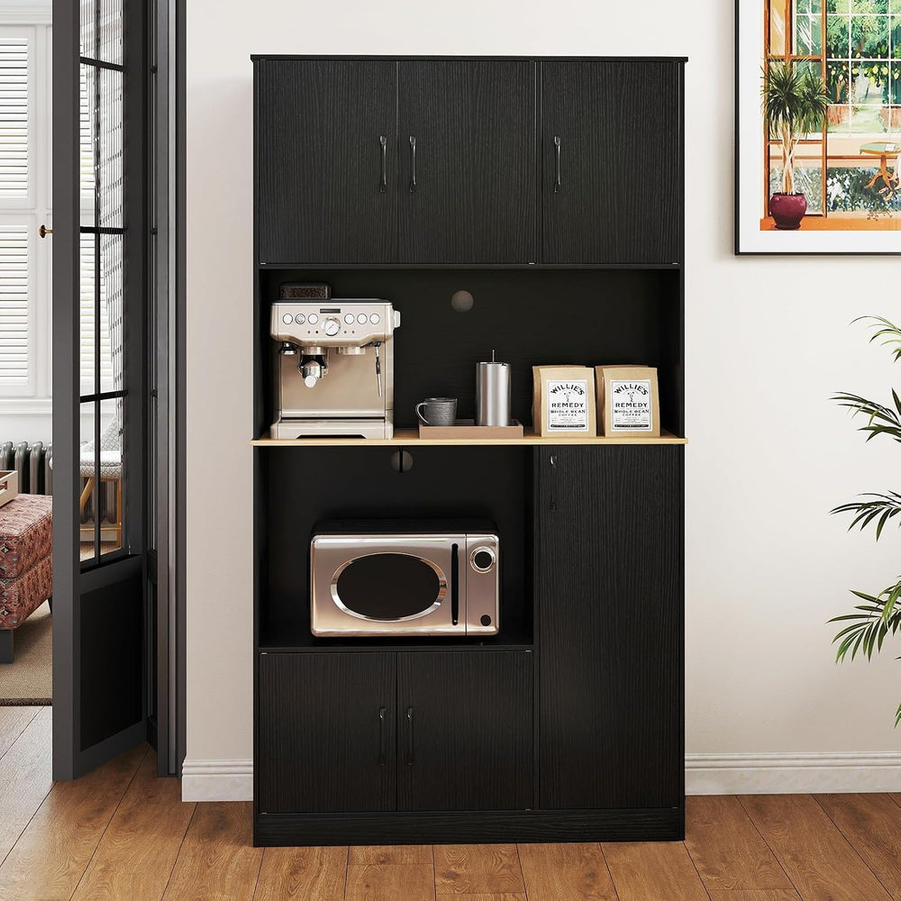 71" Large Kitchen Hutch with Power Outlet, Freestanding Pantry Cabinet w...