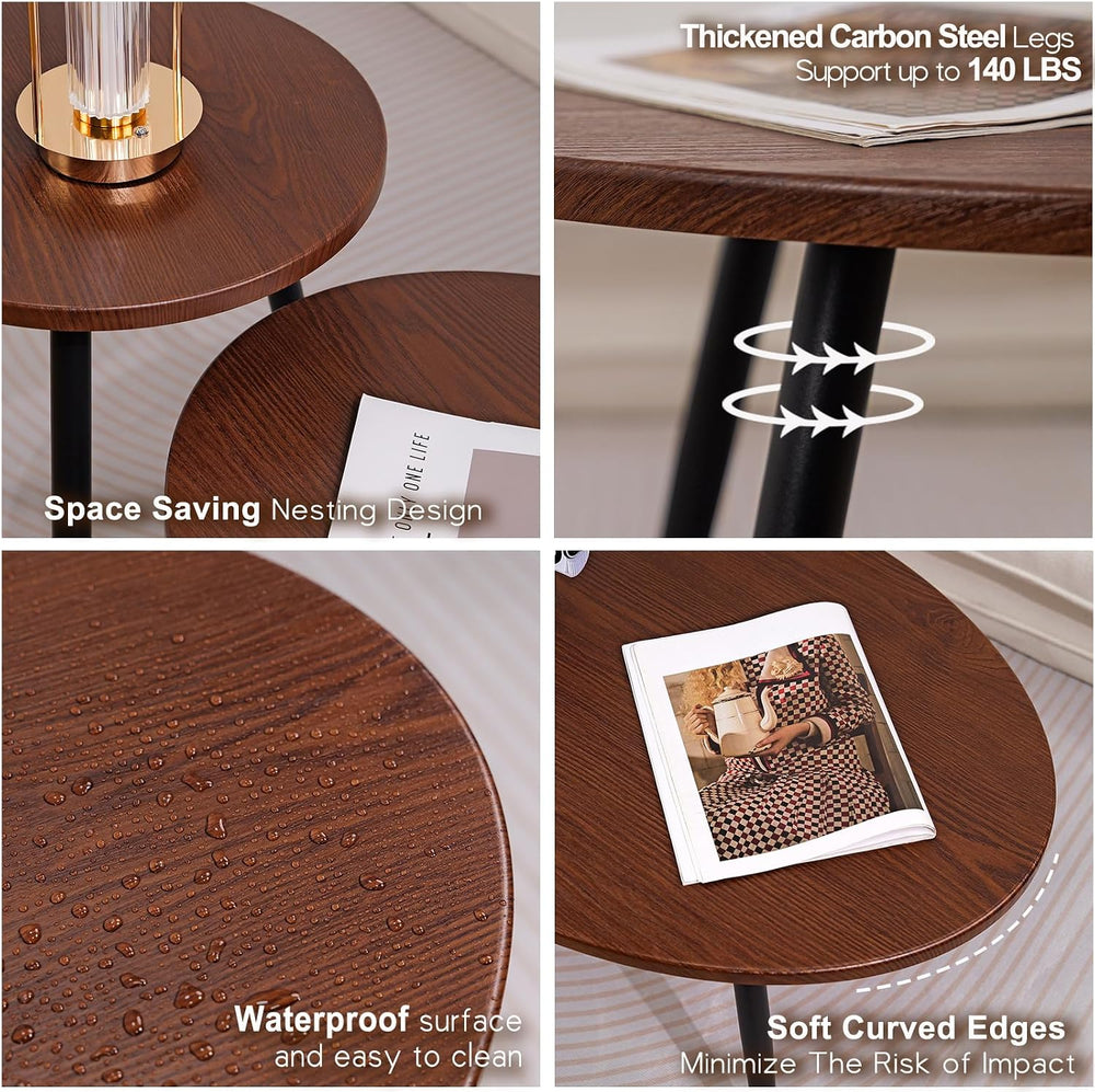 2 Pcs Small Oval Coffee Table,31.5" Retro Walnut Coffee Tables Nesting T...