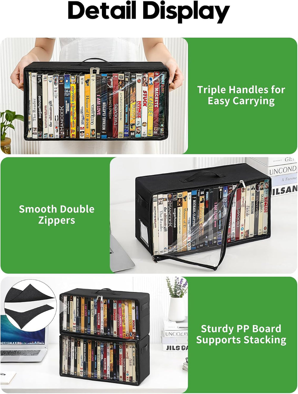 4-Pack DVD Storage Box, Stackable DVD Case Holder Organizer with Front Zipper...