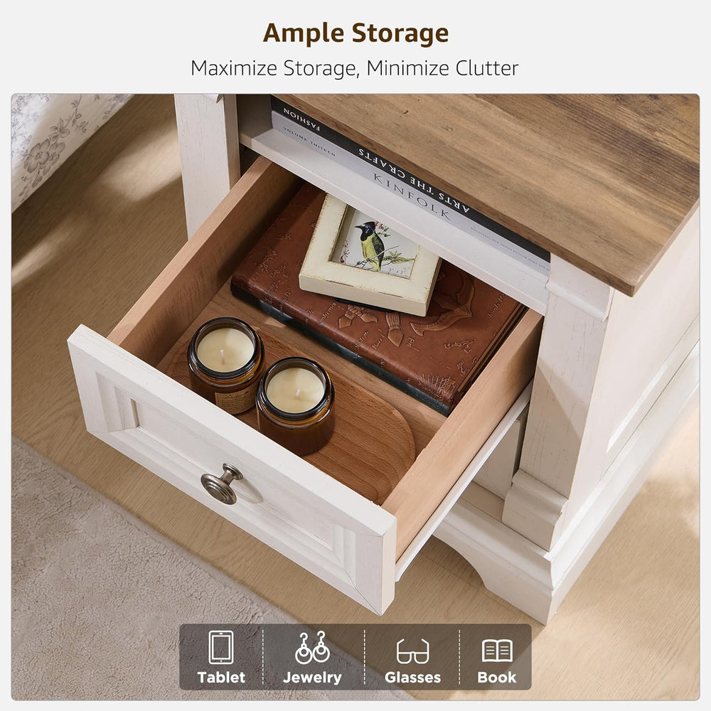 Farmhouse Nightstand with Charging Station 18"Wood End Table w/Roman Column