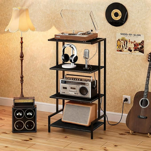 4-Tier AV Media Stand with Power Outlet and LED Lights,Wooden Stereo Stand Cabinet,Game Console Shelf for Small Space,Audio Rack Stand Tower Ideal for Video DVD Players,Xbox