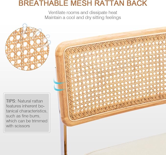 Zesthouse Rattan Dining Chairs Set of 4, White Cesca Chairs with Natural Cane Mesh & Stainless Chrome Base, Mid Century Modern Dining Room Chair, Upholstered Linen Kitchen Chair with Solid Wood Back