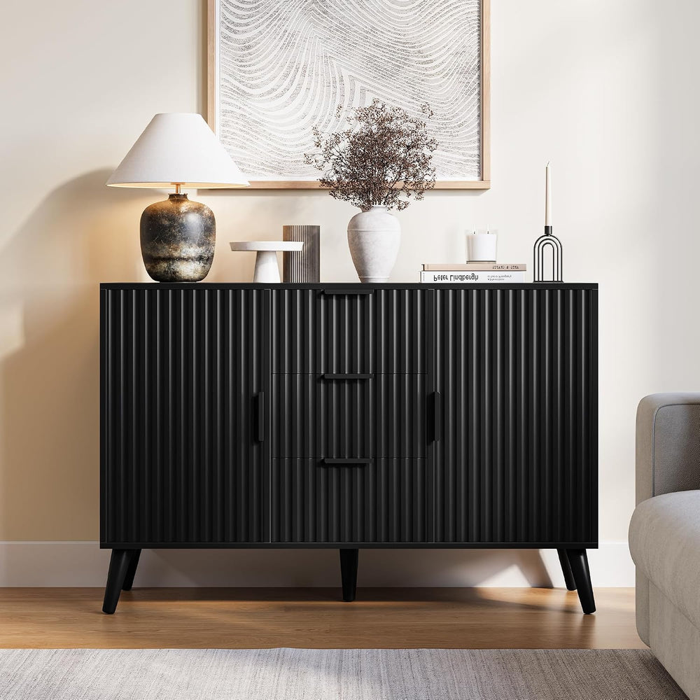 47.2" Fluted Sideboard Buffet Cabinet with 3 Drawers, Black Modern Buffe...