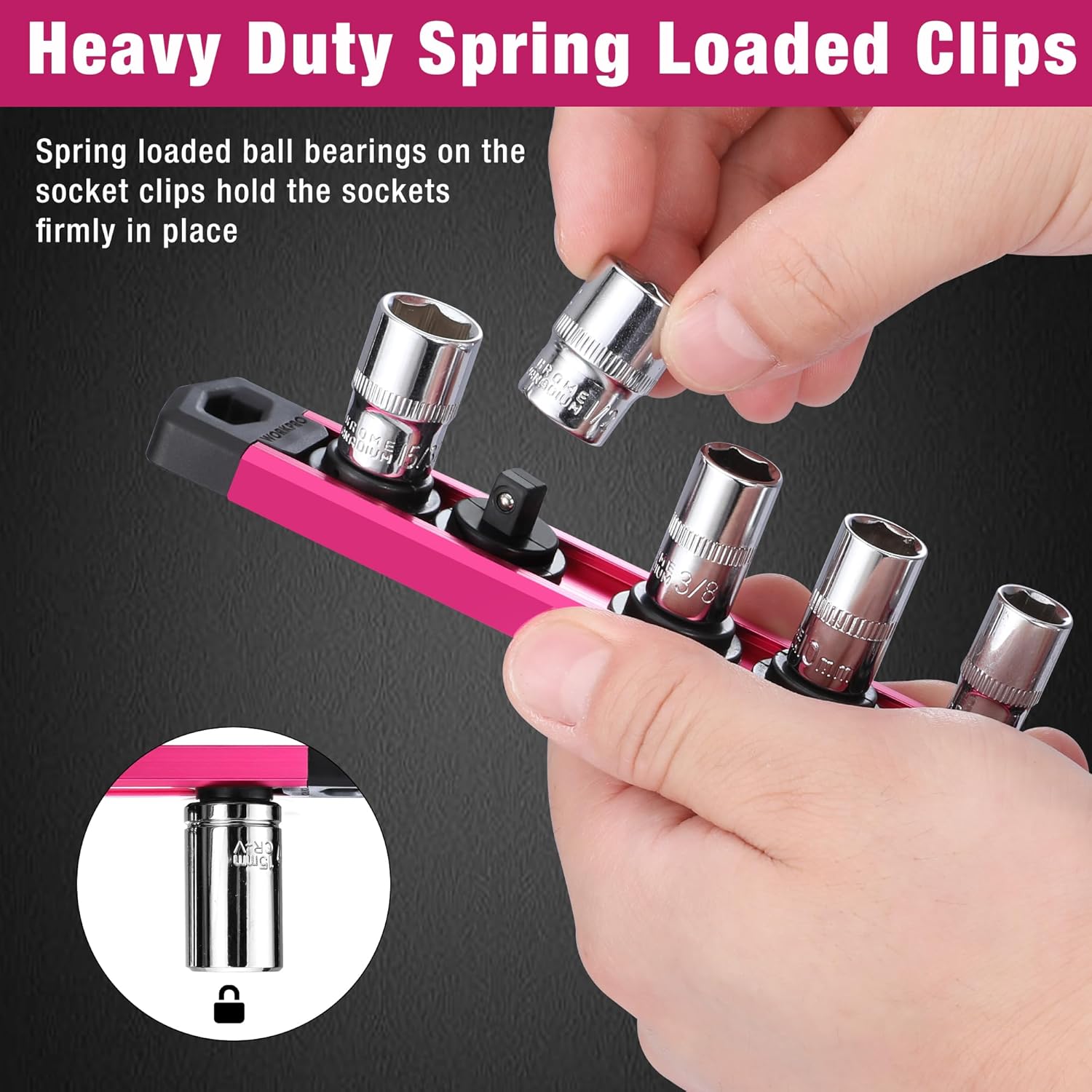 WORKPRO Magnetic Socket Organizer, 1/4-Inch Drive Aluminum Alloy Socket Rail, Heavy Duty Socket Holder, Socket Rack Kit 1/4-Inch x 12 Clips Rose Red (Socket not Included)