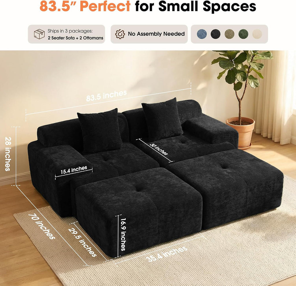 84" Modular Boneless Sofa Bed, Loveseat Couch with Ottomans, Black | Sectional Modular Couch, 15.4" Wider Armrest, 12" Thick Back, 2 Free Pillows, Non-Slip Base, Boneless Sofas for Living Room