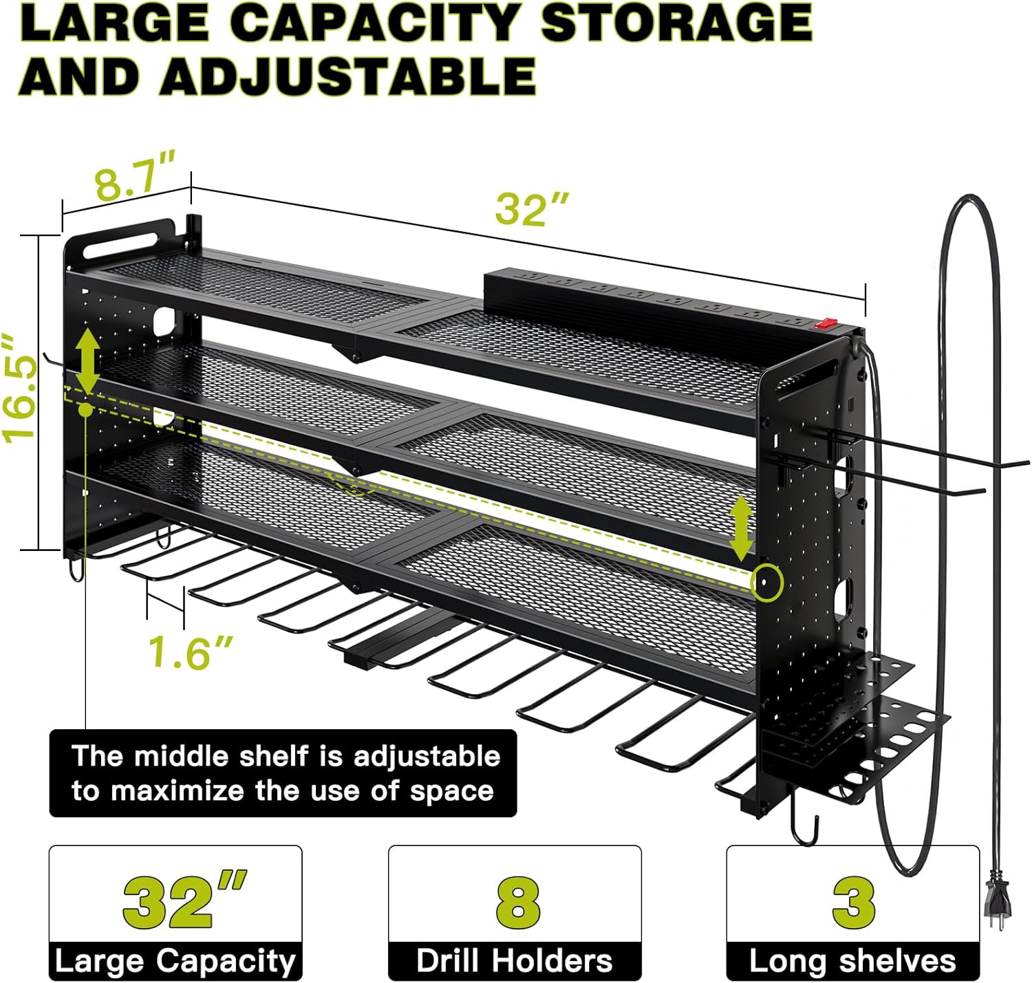 Power Tool Organizer Wall Mount with Charging Station,Cordless Tool Organizer 8 Drill Holder, 4 Layer Storage Rack for Garage Organization,Tool Holder with 8 Outlet Power Strip (Black)