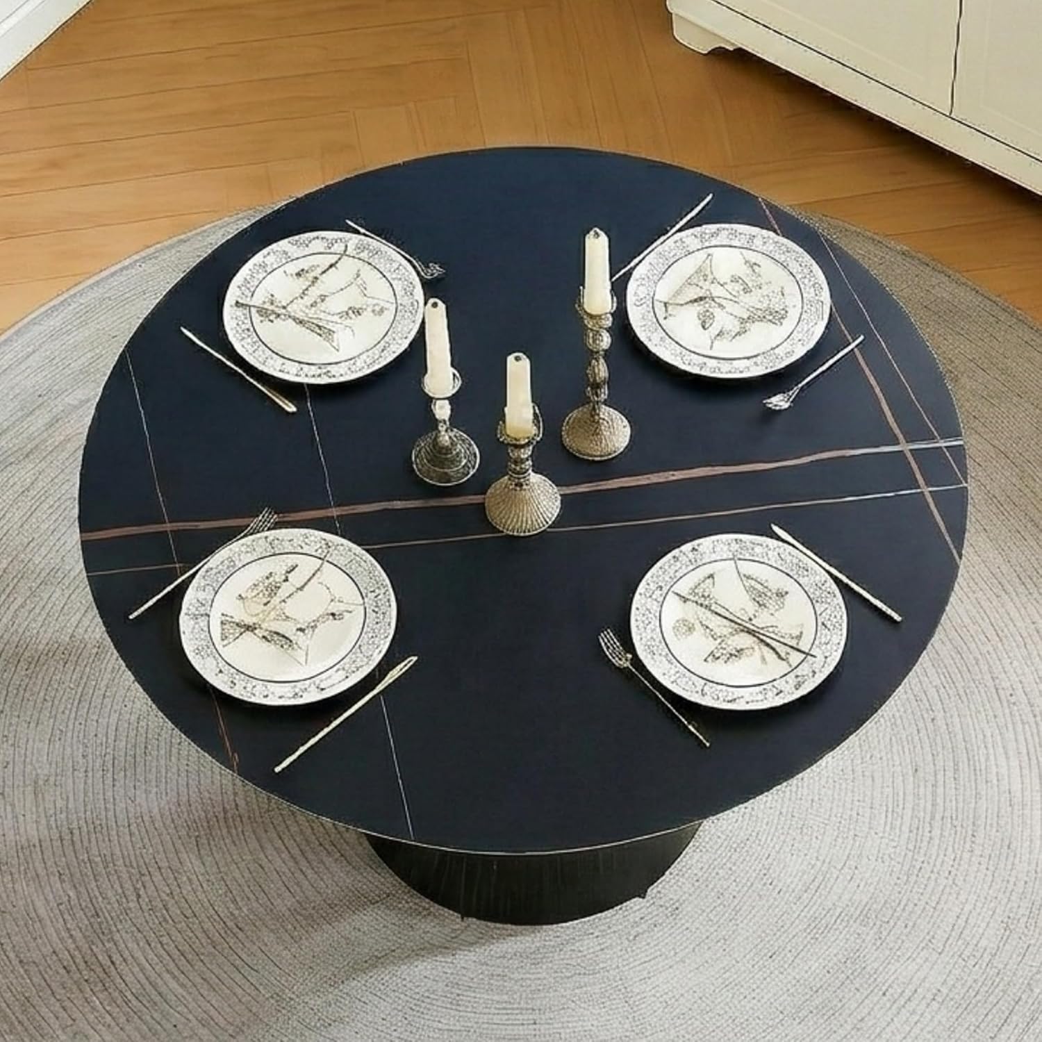 Faux Marble Round Dining Table for 4-6, 42" Modern Round Kitchen Table with Sintered Stone Top and Wood Stable Pedestal for Apartment,Restaurant,Small Space (Black