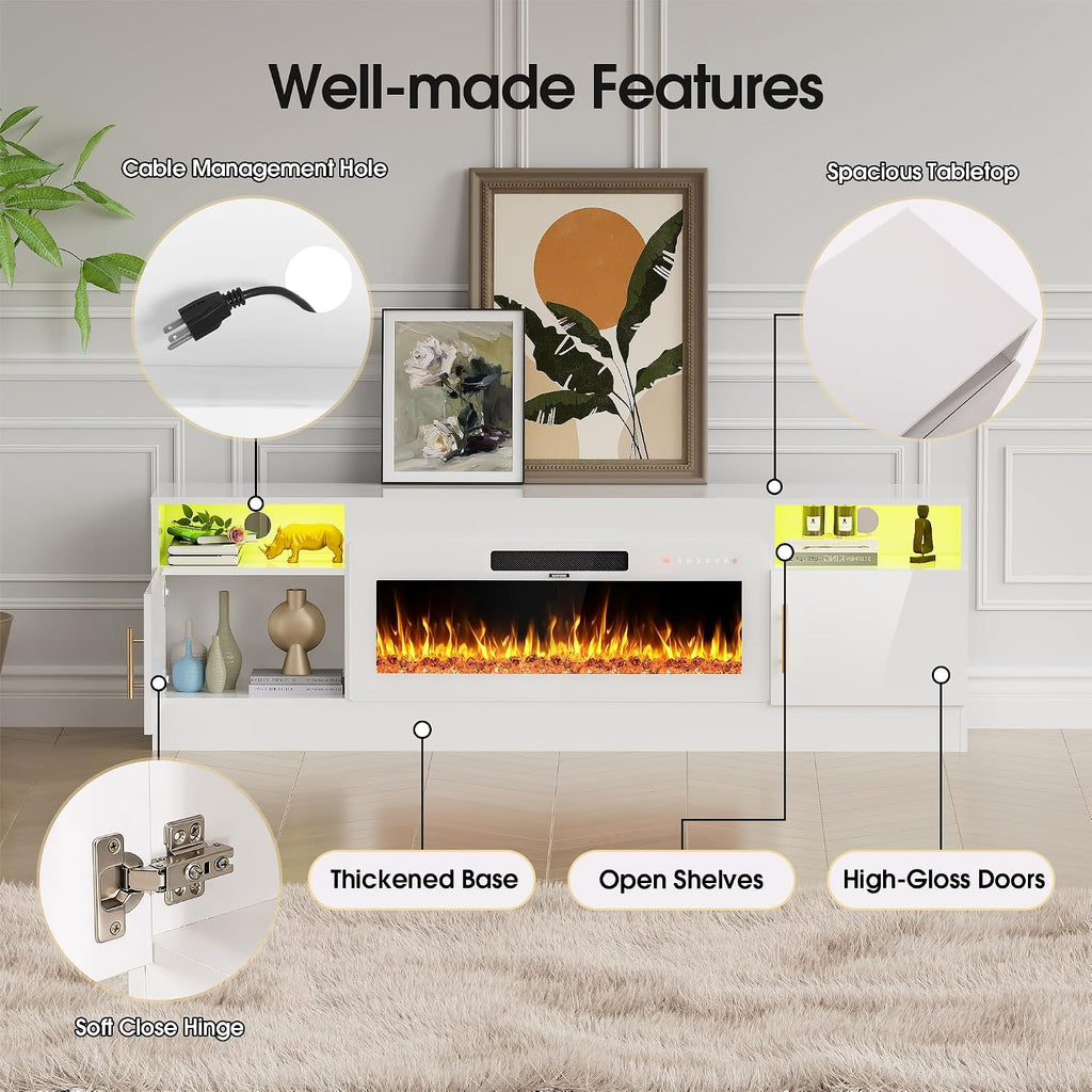 AHB Fireplace TV Stand 70", Fits TVs up to 80", LED Lights, Storage | 36" Electric Fireplace with Realistic Flame Multiple Color Modes Spacious Storage Cabinet with Handles White/White