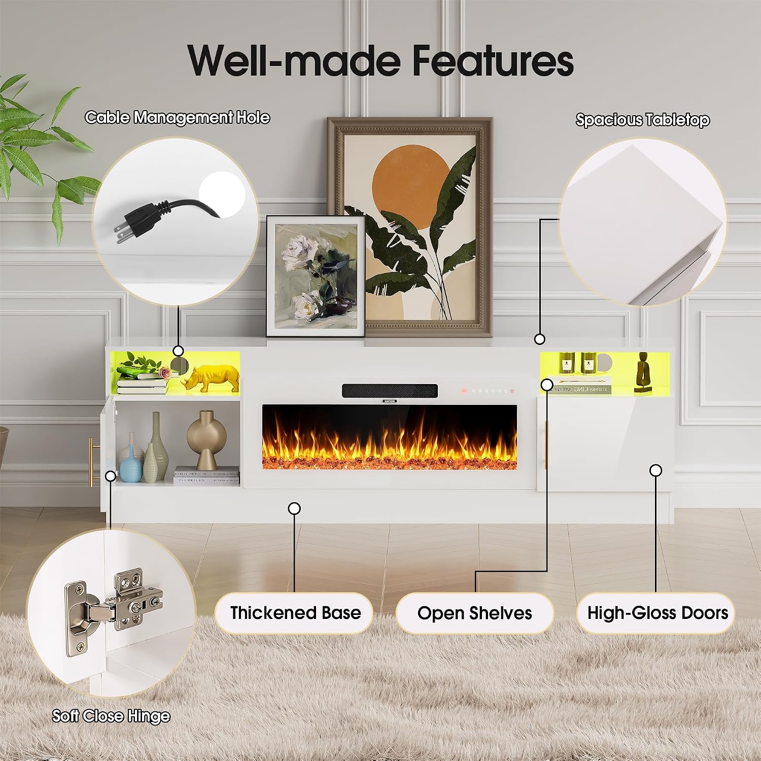 AHB Fireplace TV Stand 70", Fits TVs up to 80", LED Lights, Storage | 36" Electric Fireplace with Realistic Flame Multiple Color Modes Spacious Storage Cabinet with Handles White/White