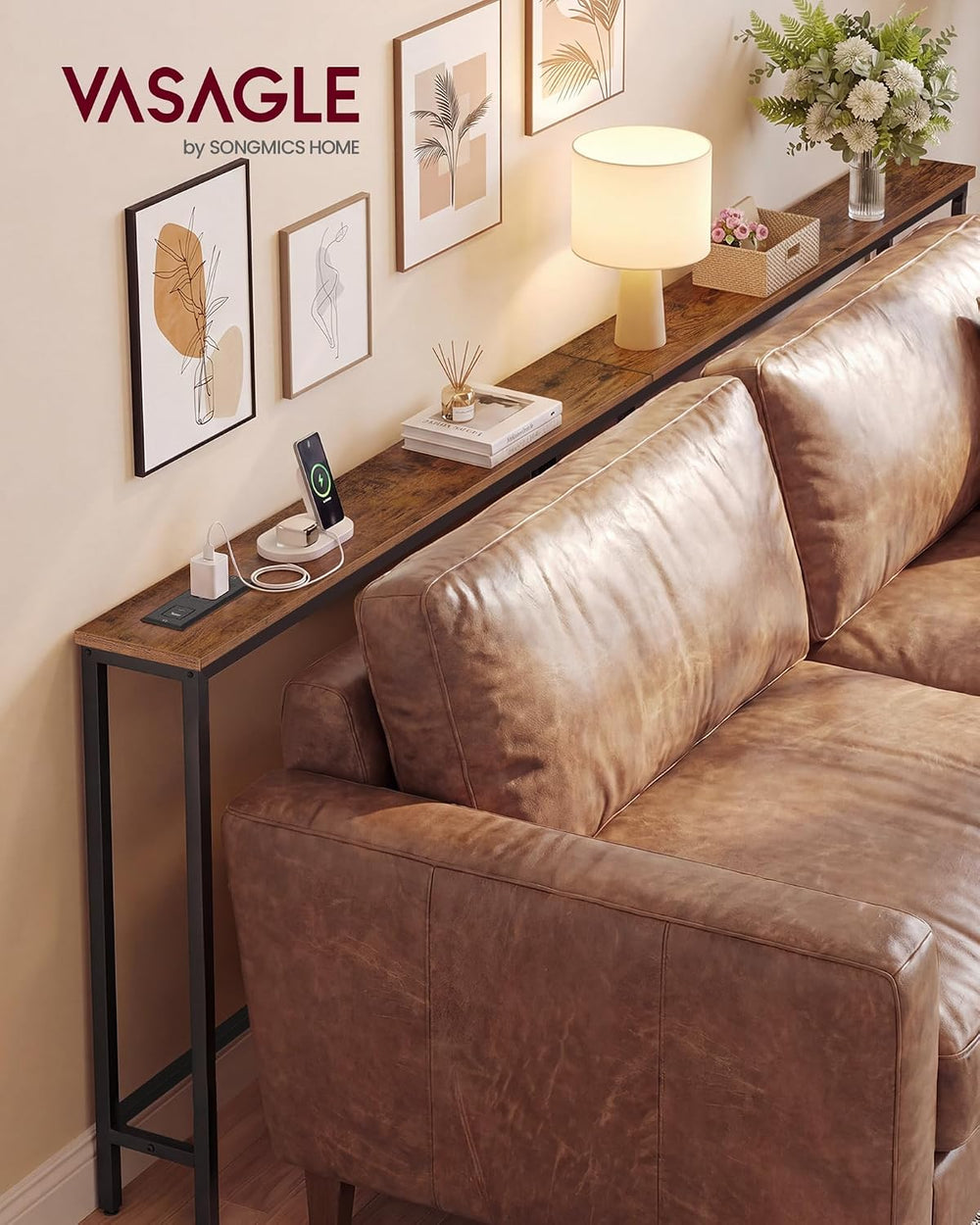 VASAGLE Narrow Console Table with Power Outlet, Behind Couch Sofa Tables, Eas...
