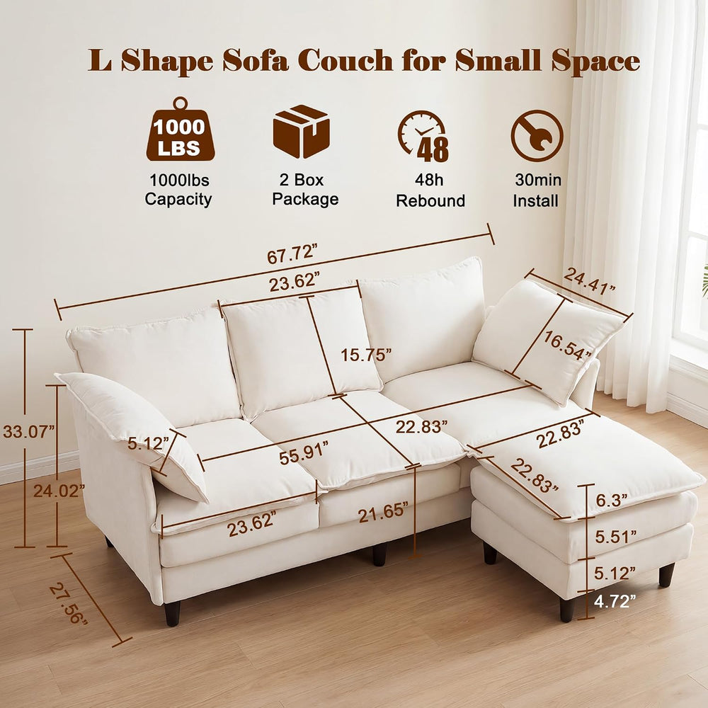 69" Couch Sofa L-Shape 3 Seat with Ottoman, Small Cloud Sofa Double-Laye...