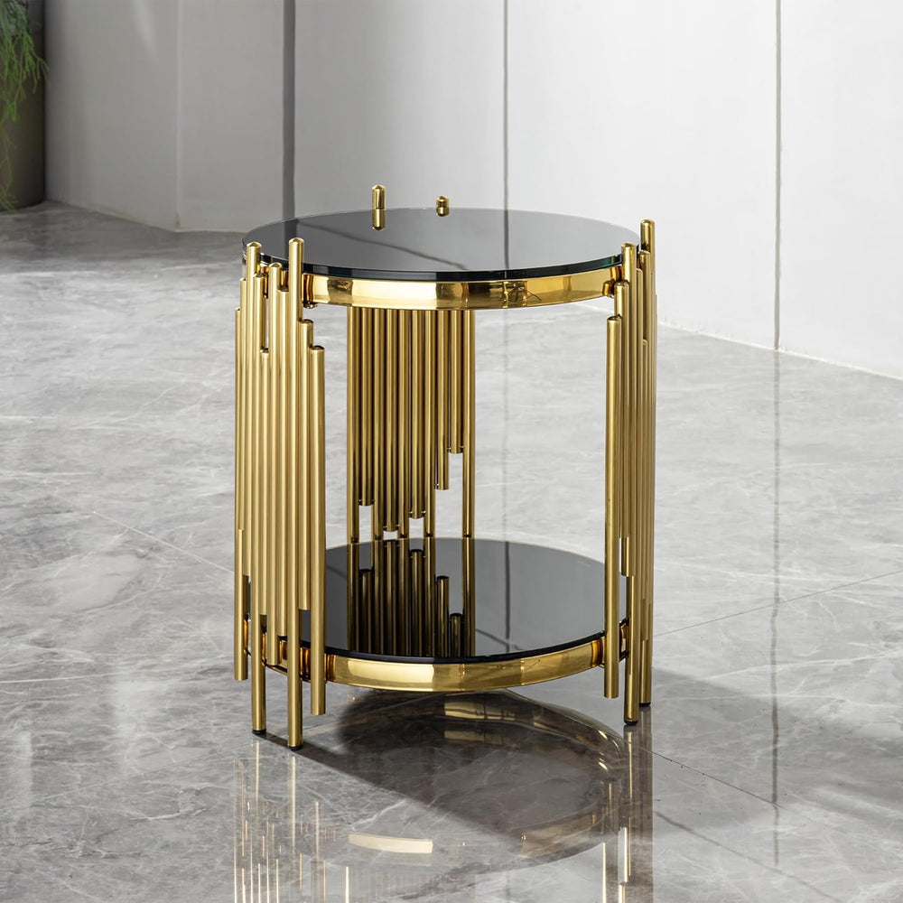 17.72" Round Sofa Side Table, 2-Tier Black Tempered Glass End Table with...