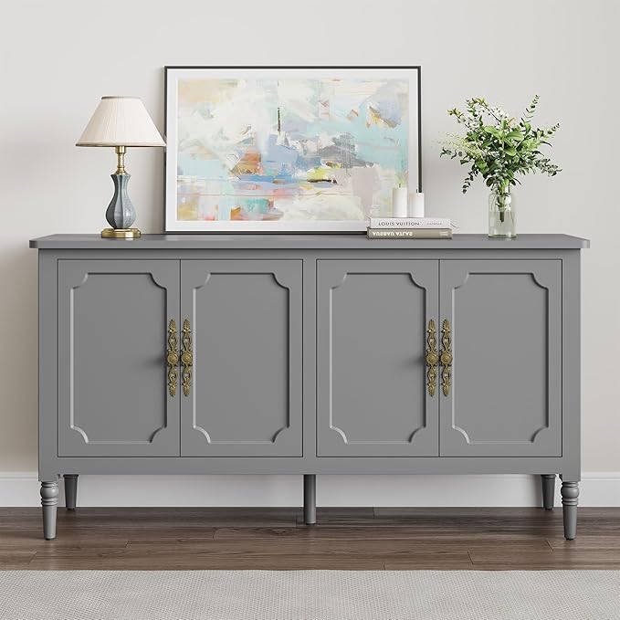 RoyalCraft 59'' Sideboard Buffet Cabinet with Storage, Modern Buffet Cabinet with Adjustable Shelves & Carved Handle, Mid Century Large Credenza Coffee Bar for Dining Room, Living Room (Dove Gray)