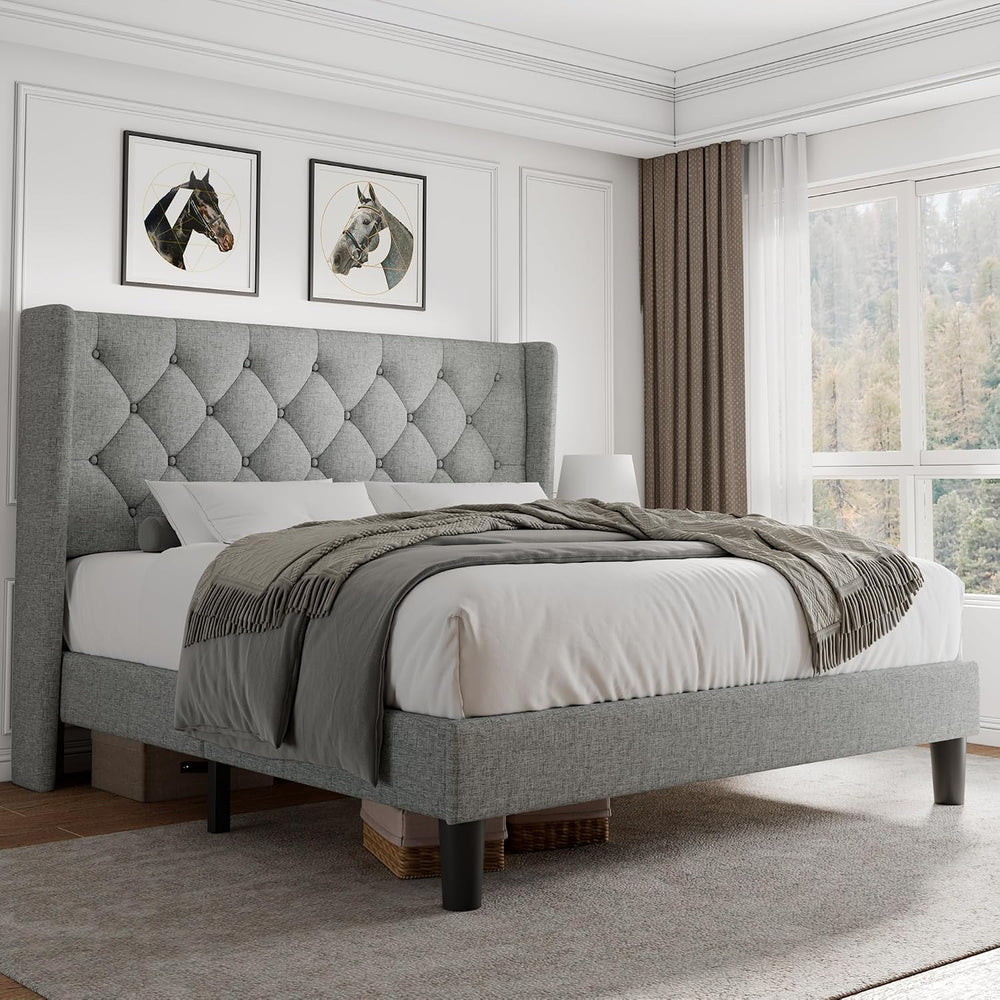 iPormis Queen Size Platform Bed Frame with Button Tufted Headboard, Upholster...