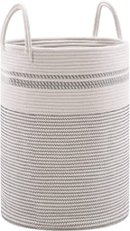 YOUDENOVA Woven Rope Laundry Hamper Basket, 58L Tall Luandry Basket, Baby Nursery Hamper for Blanket Storage, Clothes Hamper for Laundry in Bedroom-Large-Stripe White