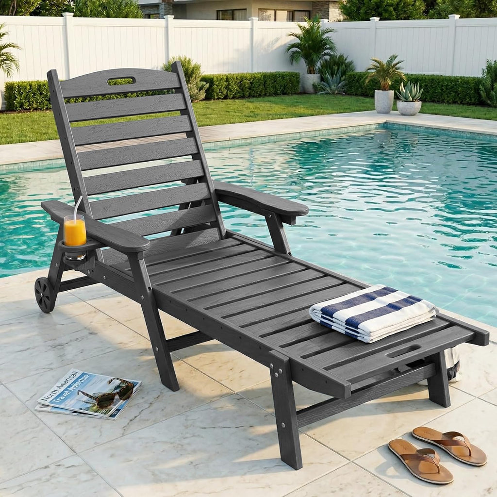 WACASA HDPE Pool Lounge Chairs with Wheels & Cup Holder, 6-Position Adjustable Outdoor Lounge Chair, Easy 20-Min Assembly, 450LBS Bearing, Patio Lounger Recliner for Poolside, Deck, Backyard (Grey)
