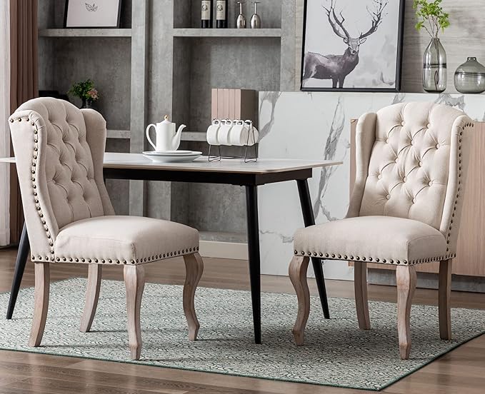 Upholstered Dining Chairs Set of 2 for Kitchen and Dining Room Farmhouse Fabric Tufted Accent Chairs for Living Room and Bedroom with Wooden Legs, Cream