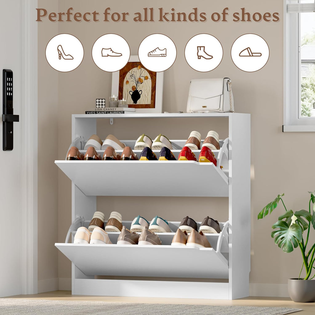 BORNOON Shoe Cabinet with 2 Flip Drawers, Slim Narrow Shoe Storage Cabinet, Freestanding Shoe Organizer with Adjustable & Removable Shelves, Top Display Shelf for Entryway, Hallway, Foyer, Closet