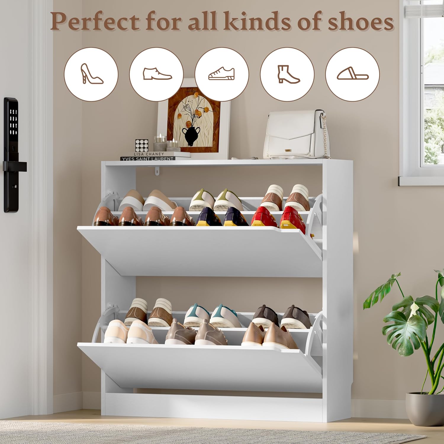 BORNOON Shoe Cabinet with 2 Flip Drawers, Slim Narrow Shoe Storage Cabinet, Freestanding Shoe Organizer with Adjustable & Removable Shelves, Top Display Shelf for Entryway, Hallway, Foyer, Closet