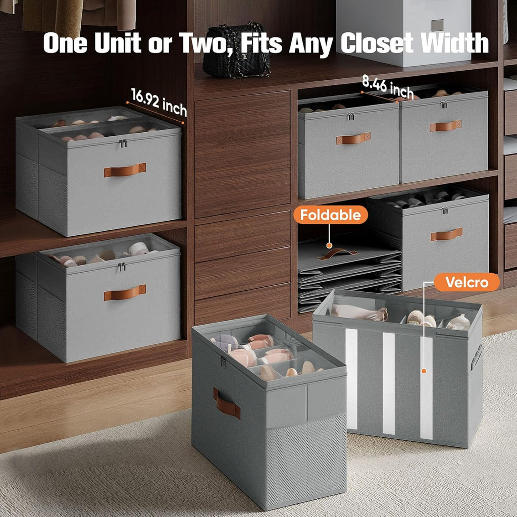 Shoe Organizer for Closet, 2 Pack Foldable Shoe Storage Organizer with Adjustable Dividers, Shoe Storage Box with Clear Cover, Fits up to 16 Pairs, Gray