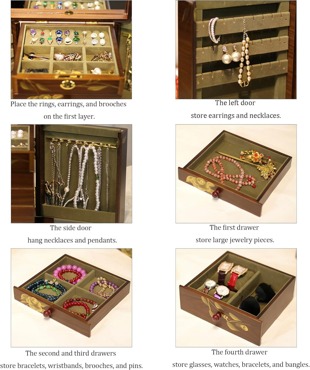 Wooden jewelry case Jewelry Box for Women Large Wood Organizer with Drawers and Mirror for Rings,Earrings, Necklaces,watches,jewelry boxes & organizers, Jewelry Boxes