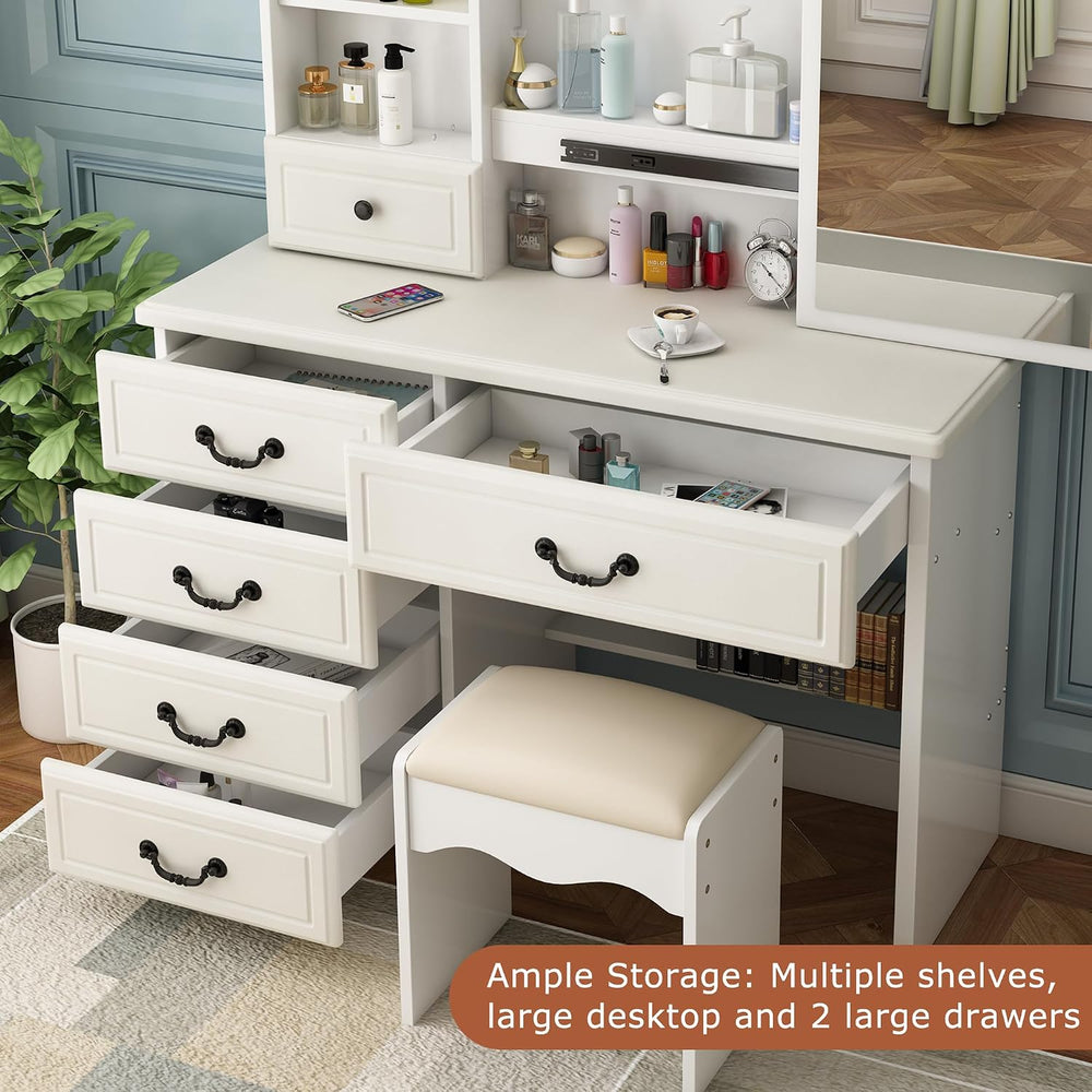Vanity Desk Set with Lighted Mirror and Upholstered Stool, Vanity Table with ...