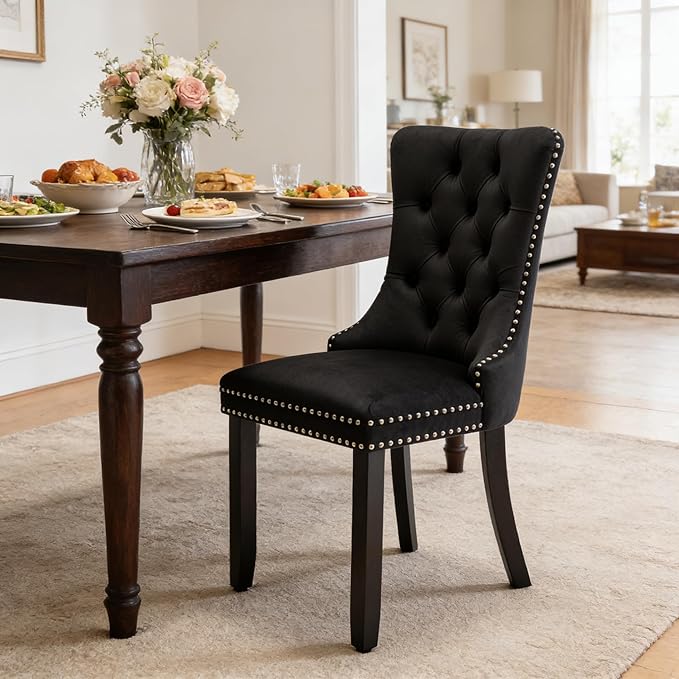 Mid Century Modern Dining Chair Set of 1 Velvet Upholstered Dining Room Chair Farmhouse Dining Accent Chair with High Back and Nailhead Trim for Kitchen, Living Room, Bedroom (Black)