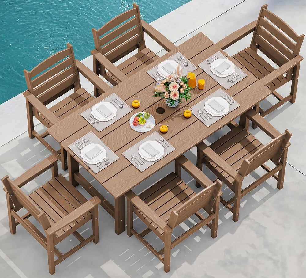 SERWALL 7 Pcs Outdoor Dining Set, 67" HDPE Dining Set for 6, Brown