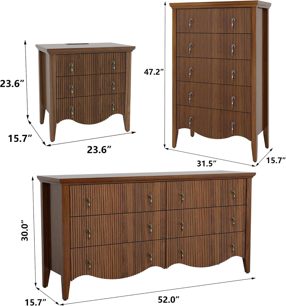 4-Piece Farmhouse Bedroom Set,6+5-Drawer Dresser,2 Nightstands,Walnut