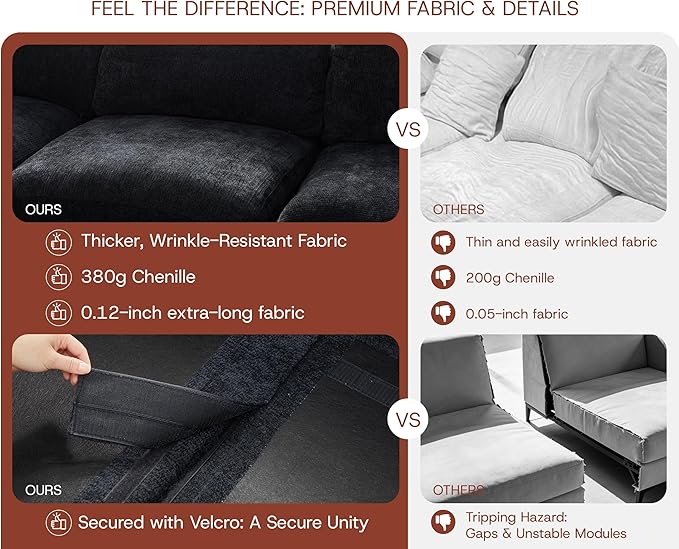 141'' Oversized Cloud Sectional Boneless Couch for Living Room, Modern Big Compressed U Shape Couch with 2 Ottoman 2 Throw Pillows, Comfy Chenille Deep Seat Memory Foam Spineless 6 Seater Sofa,Black | No Assembly Needed, Premium Chenille, Flexible Modu...
