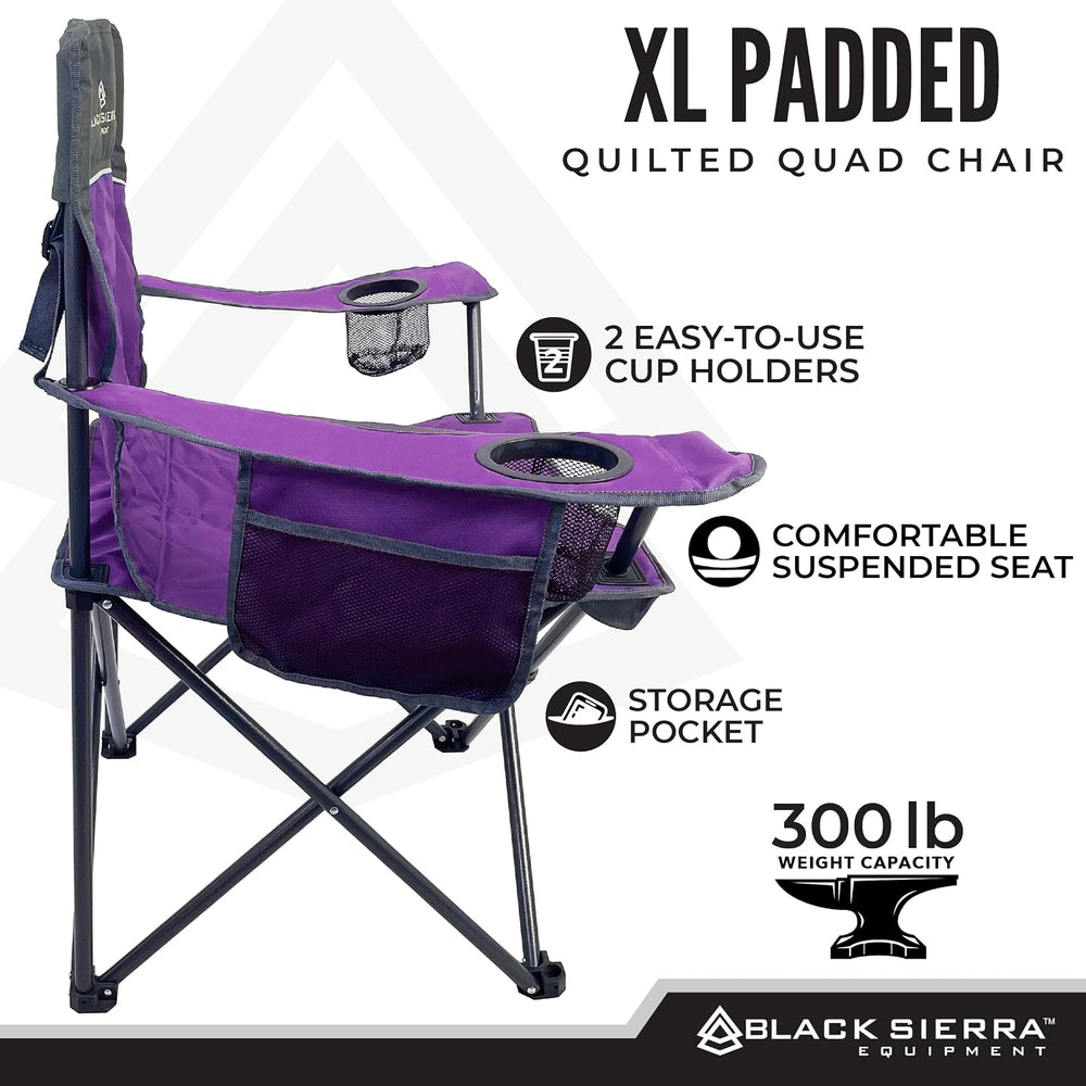 Black Sierra Quilted Padded Camping Chair, Oversized Heavy Duty Outdoor Loung...