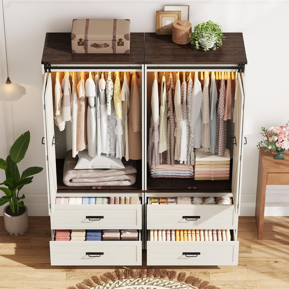 Farmhouse Wardrobe Armoire Closet with 4 Doors and 4 Drawers, 72" Wooden...