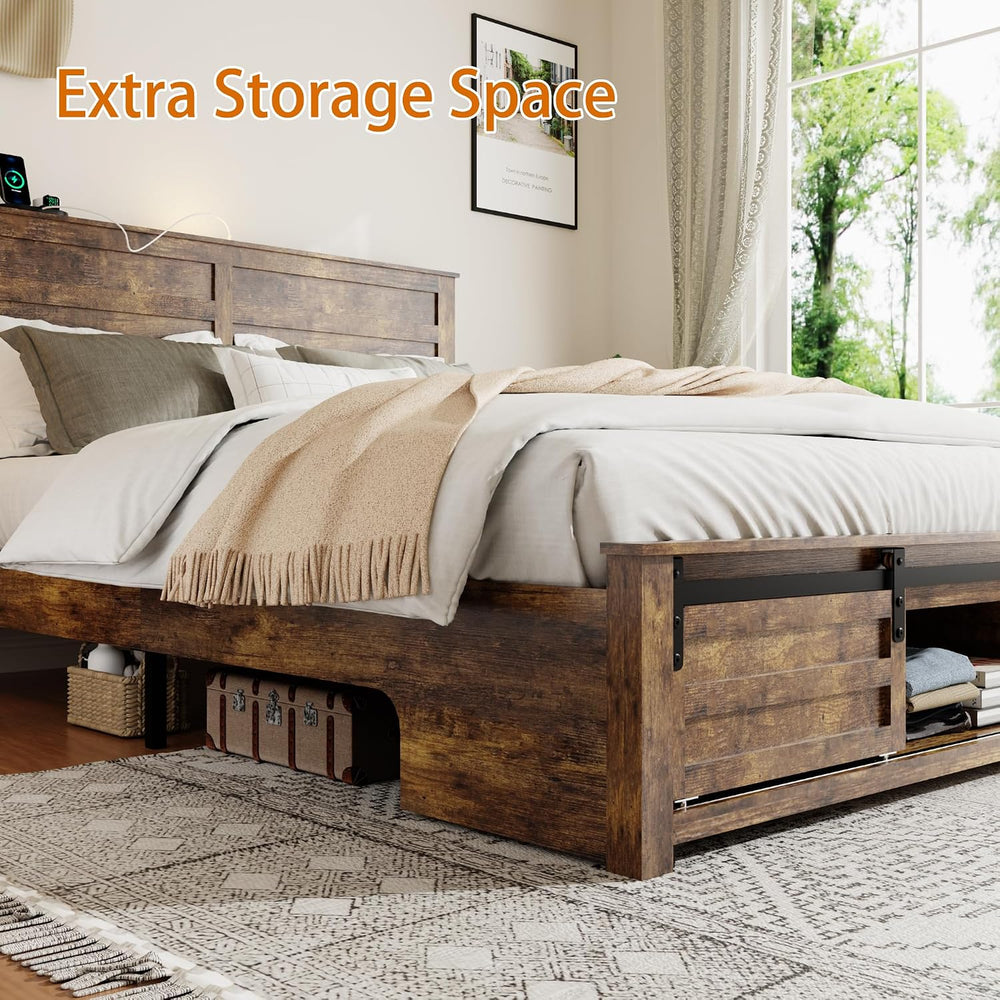 Wooden Queen Bed Frame with Headboard, Farmhouse Storage, Barn Door
