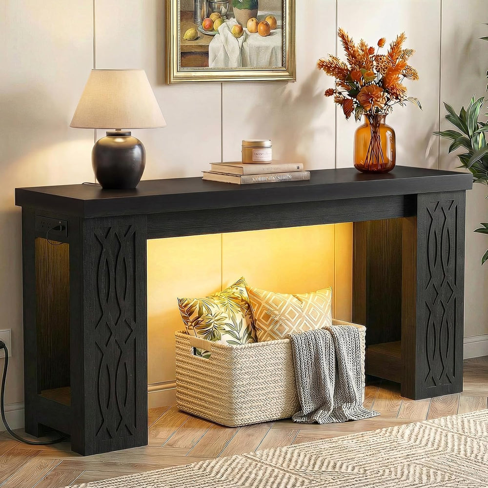 Cyclysio 63" Console Table with Outlet & Colorful LED Lights, Black ...