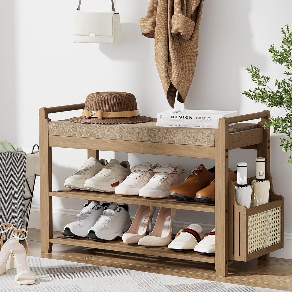 Homaxy 2-Tier Shoe Rack Bench, 28.2 in, Walnut and Light Brown | Bamboo Entryway Bench, with Side Holder, Shoe Rack Organizer with Cushion for Front Entrance, Hallway Living Room Bedroom