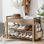 Homaxy 2-Tier Shoe Rack Bench, 28.2 in, Walnut and Light Brown | Bamboo Entryway Bench, with Side Holder, Shoe Rack Organizer with Cushion for Front Entrance, Hallway Living Room Bedroom