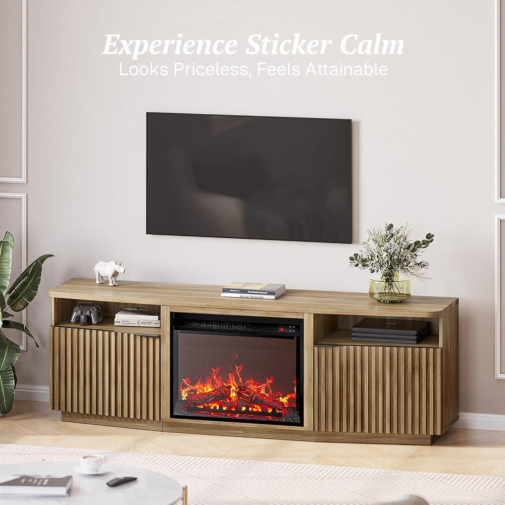 BELLEZE Fluted TV Stand with 23" Electric Fireplace Heater with Sound, 6...