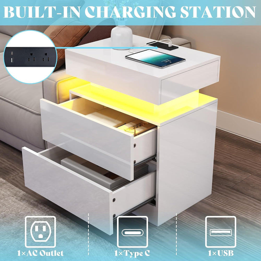 AMERLIFE 3-Piece High Gloss Coffee Table Set with LED Lights | Bedside Nights...